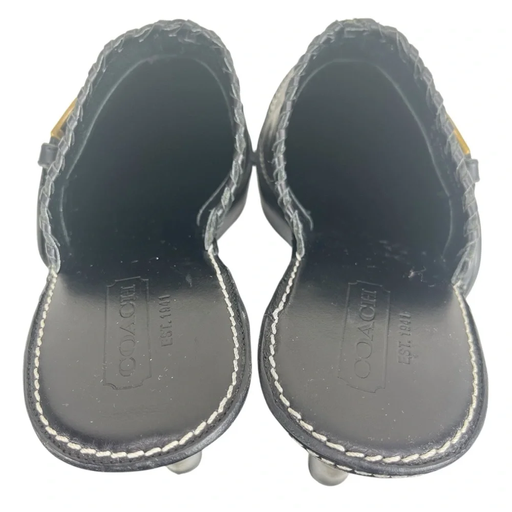 Coach Women 9B Katryna Black Leather 4.5” Heeled Mules‎ Clog Buckle & Fringe